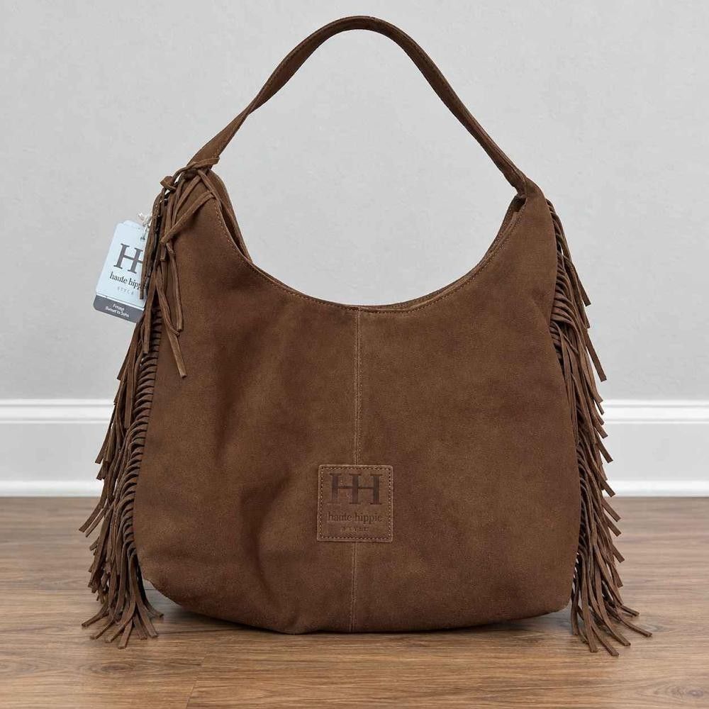 Haute Hippie Fringe Suede Hobo Shoulder Bag Snap Closure Boho Festival NWT